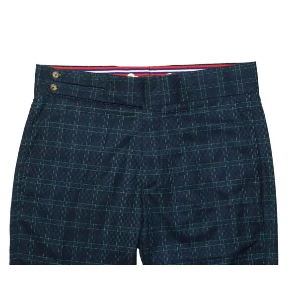 Mens Dress Pants Blue Green Check Geometric Slim Straight Gurkha Trousers 34